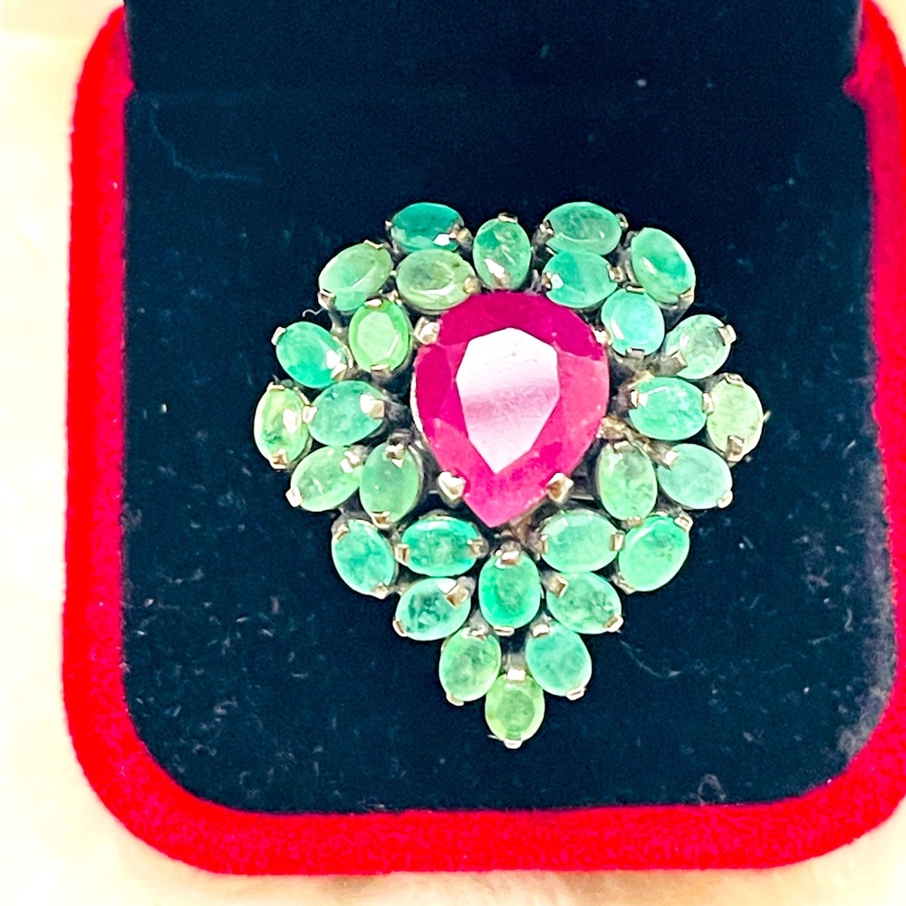 Antique Natural Emerald & Ruby Stunner Handmade Cocktail Ring (size 7)